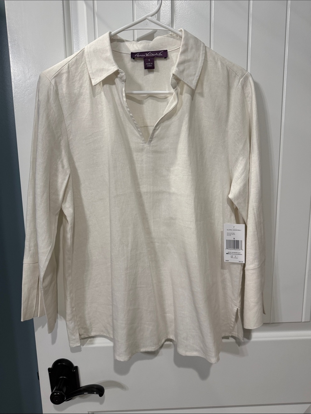 Gloria Vanderbilt Cream Linen-Blend Long-Sleeve Polo Shirt